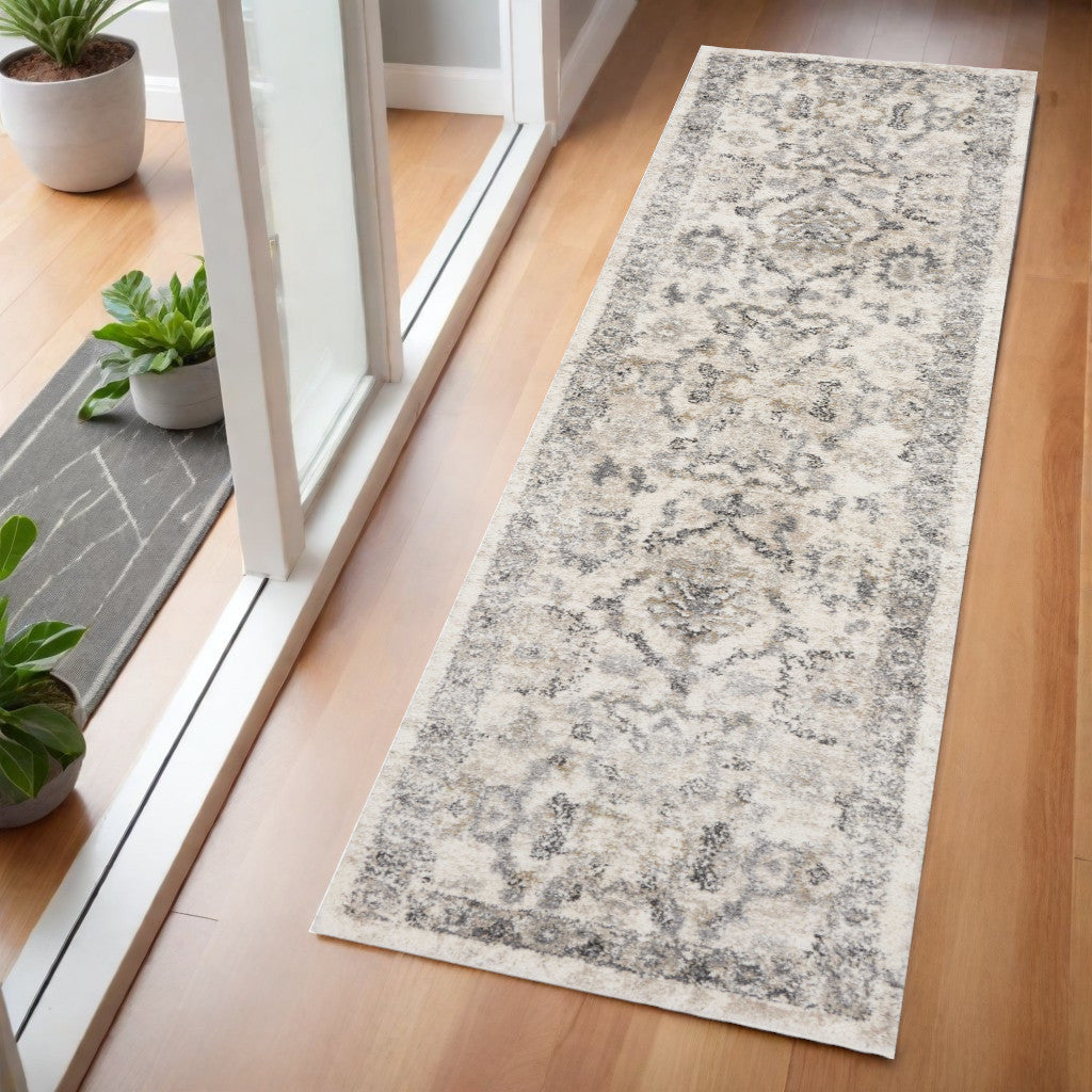 8' X 10' Ivory And Gray Floral Medallion Area Rug-Area Rugs-DECOROLALA