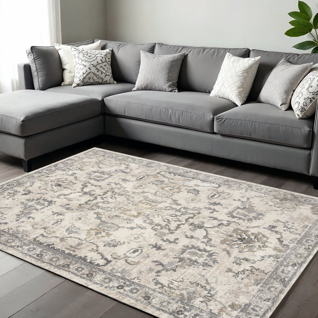 8' X 10' Ivory And Gray Floral Medallion Area Rug-Area Rugs-DECOROLALA