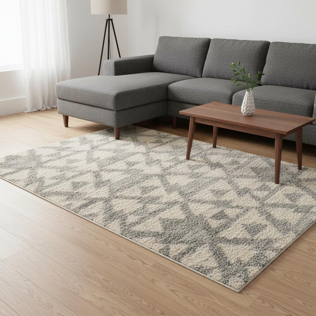 8' X 10' Ivory And Gray Geometric Area Rug-Area Rugs-DECOROLALA
