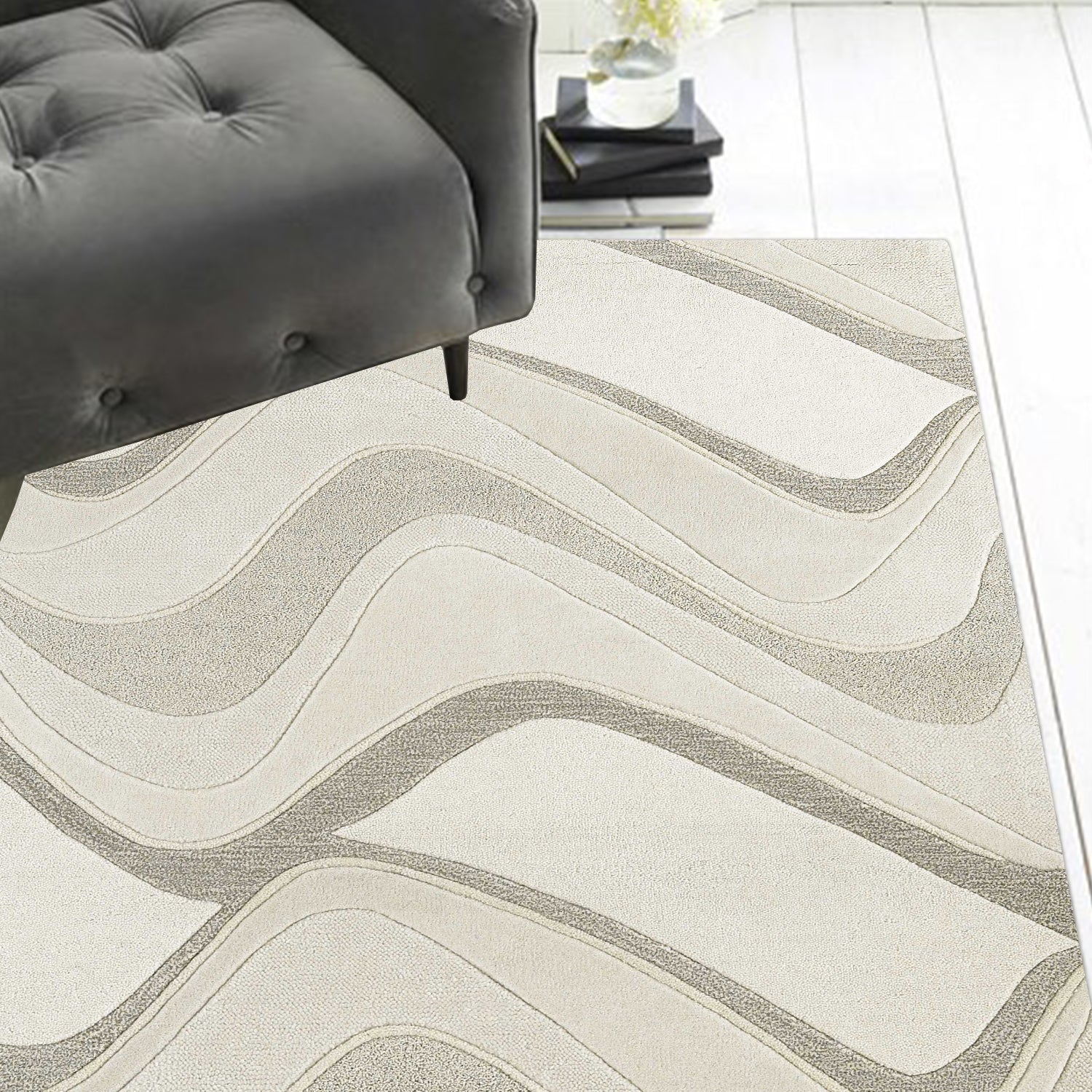 8' X 10' Ivory And Gray Wool Abstract Hand Tufted Area Rug-Area Rugs-DECOROLALA