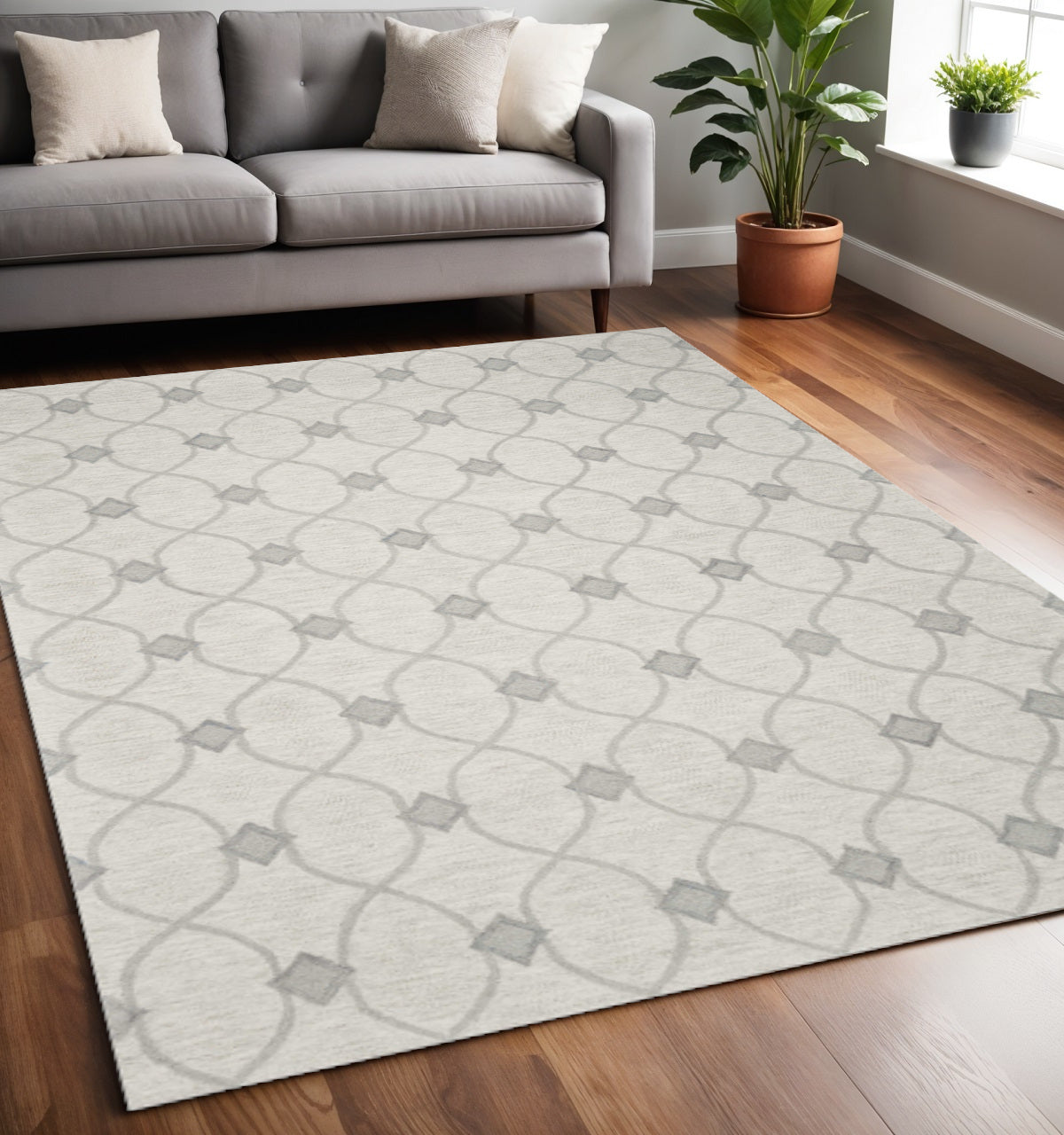 8' X 10' Ivory And Gray Wool Ogee Hand Tufted Area Rug-Area Rugs-DECOROLALA