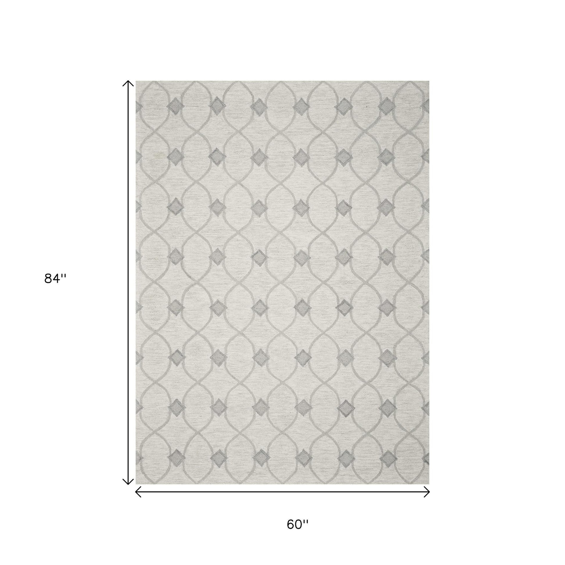 8' X 10' Ivory And Gray Wool Ogee Hand Tufted Area Rug-Area Rugs-DECOROLALA