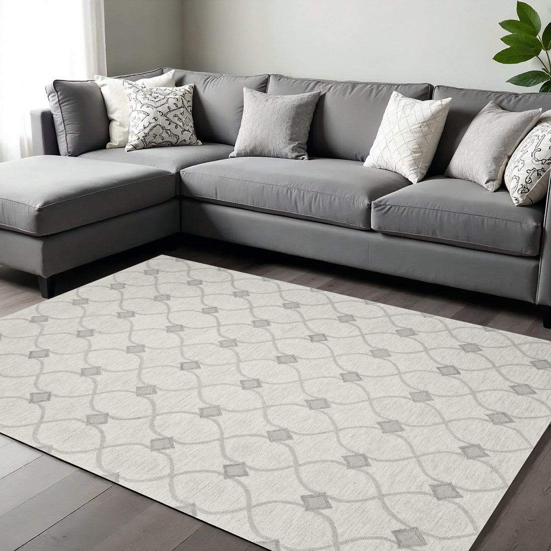 8' X 10' Ivory And Gray Wool Ogee Hand Tufted Area Rug-Area Rugs-DECOROLALA