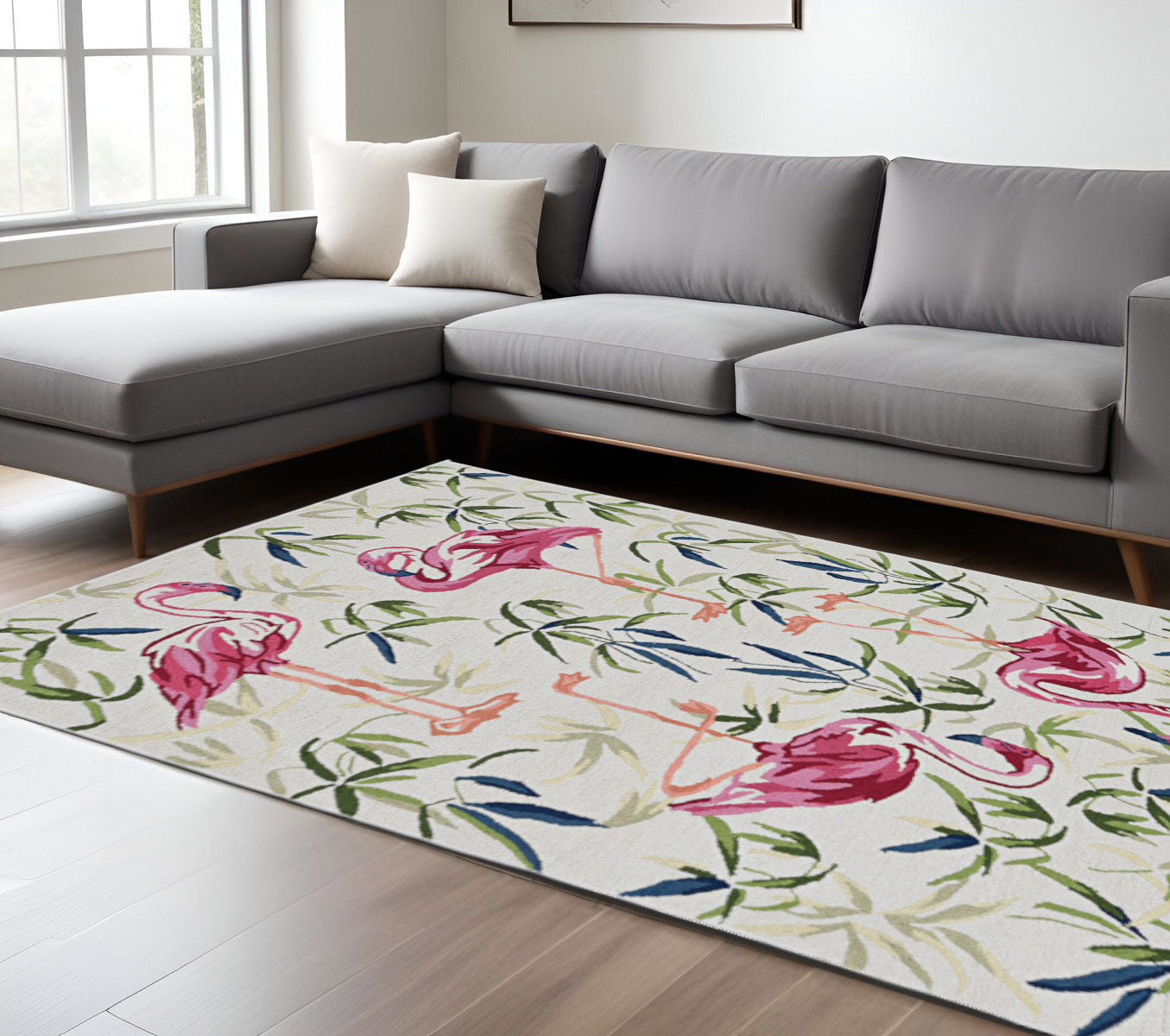 8' X 10' Ivory And Pink Flamingo Hand Hooked Area Rug-Area Rugs-DECOROLALA
