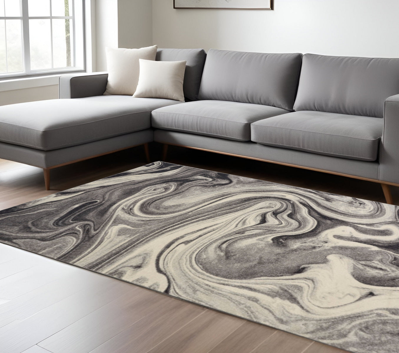 8' X 10' Ivory Black and Gray Abstract Shag Area Rug-Area Rugs-DECOROLALA