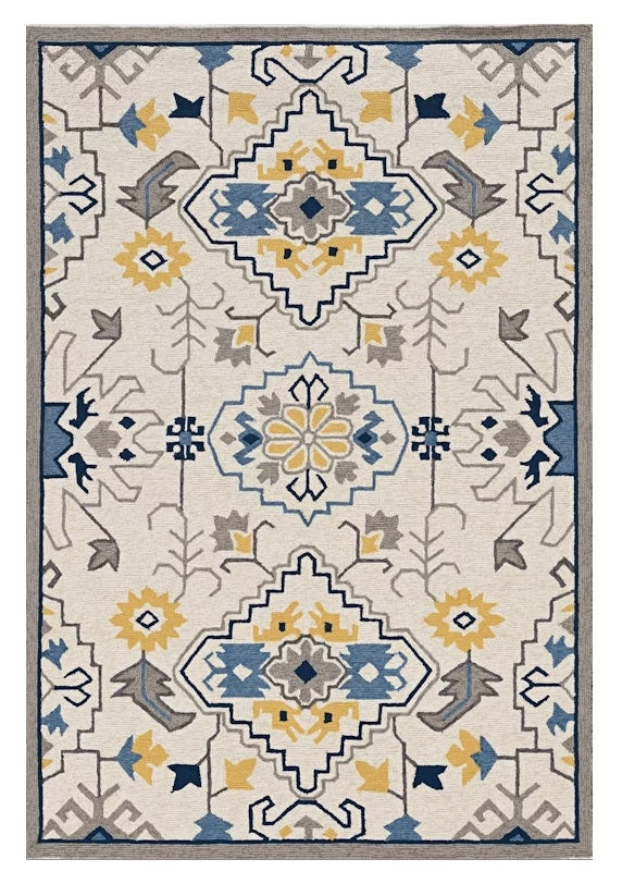 8' X 10' Ivory Blue And Yellow Southwestern Hand Tufted Area Rug-Area Rugs-DECOROLALA