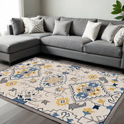 8' X 10' Ivory Blue And Yellow Southwestern Hand Tufted Area Rug-Area Rugs-DECOROLALA