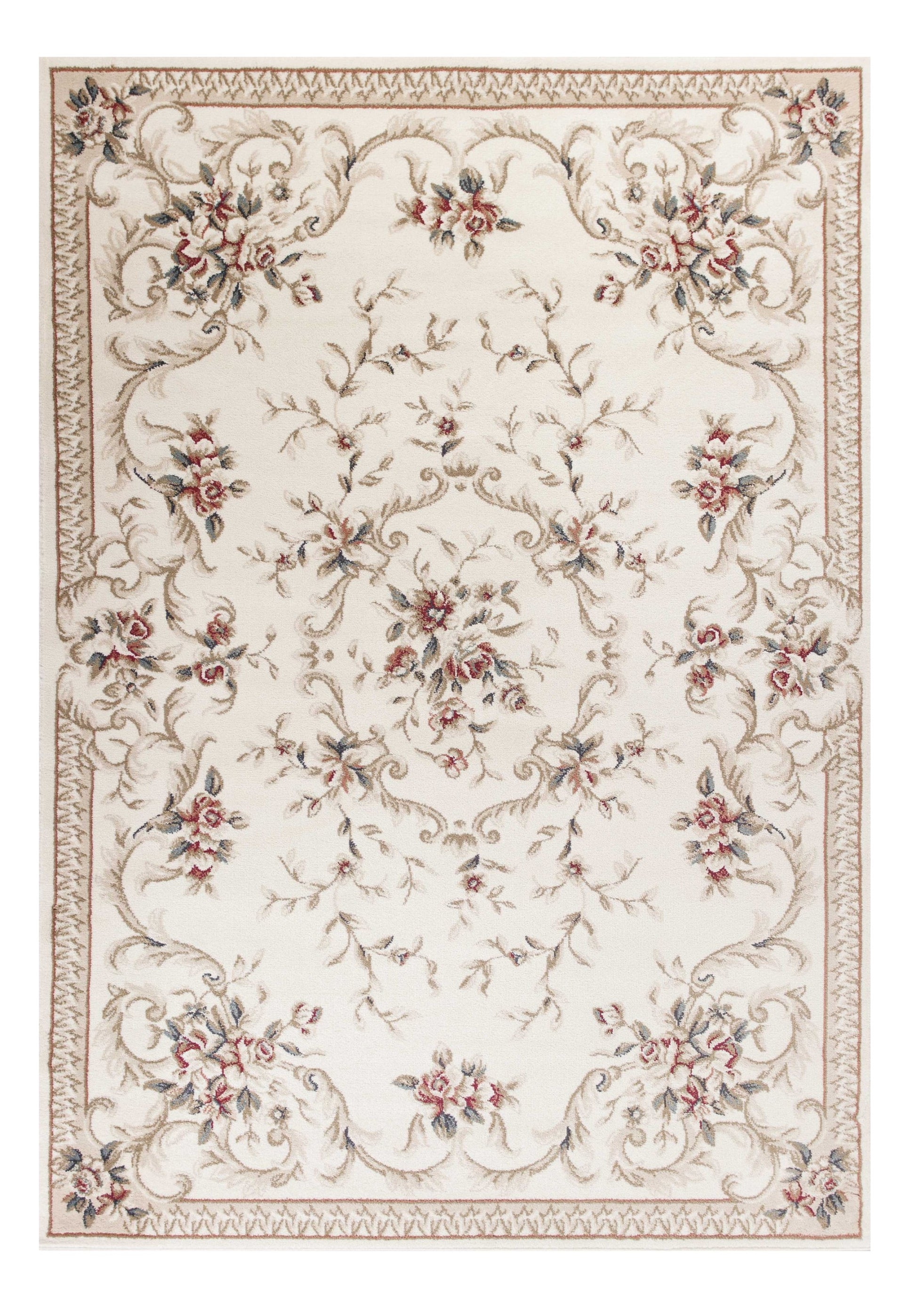 8' X 10' Ivory Red And Green Floral Medallion Area Rug-Area Rugs-DECOROLALA