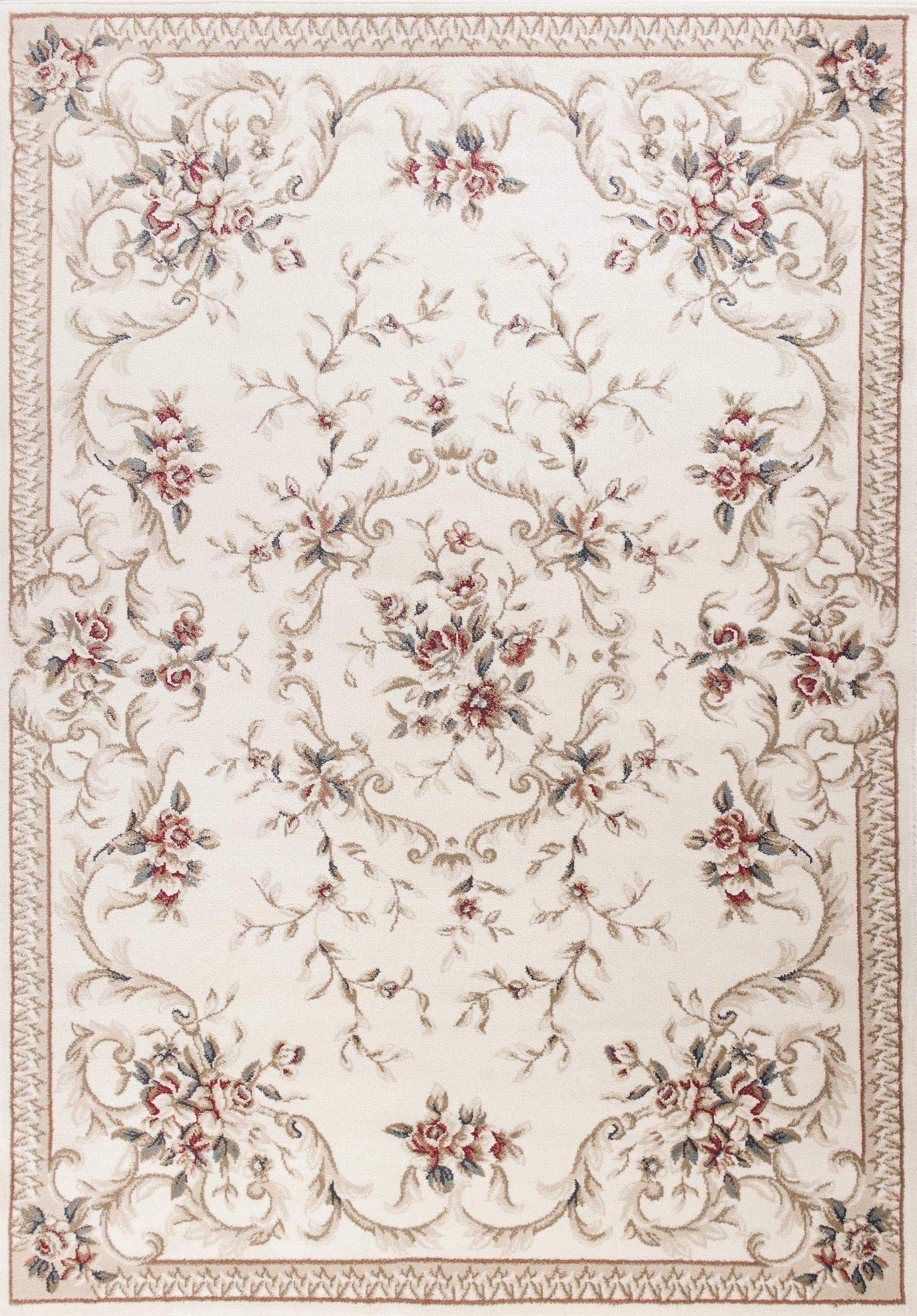8' X 10' Ivory Red And Green Floral Medallion Area Rug-Area Rugs-DECOROLALA
