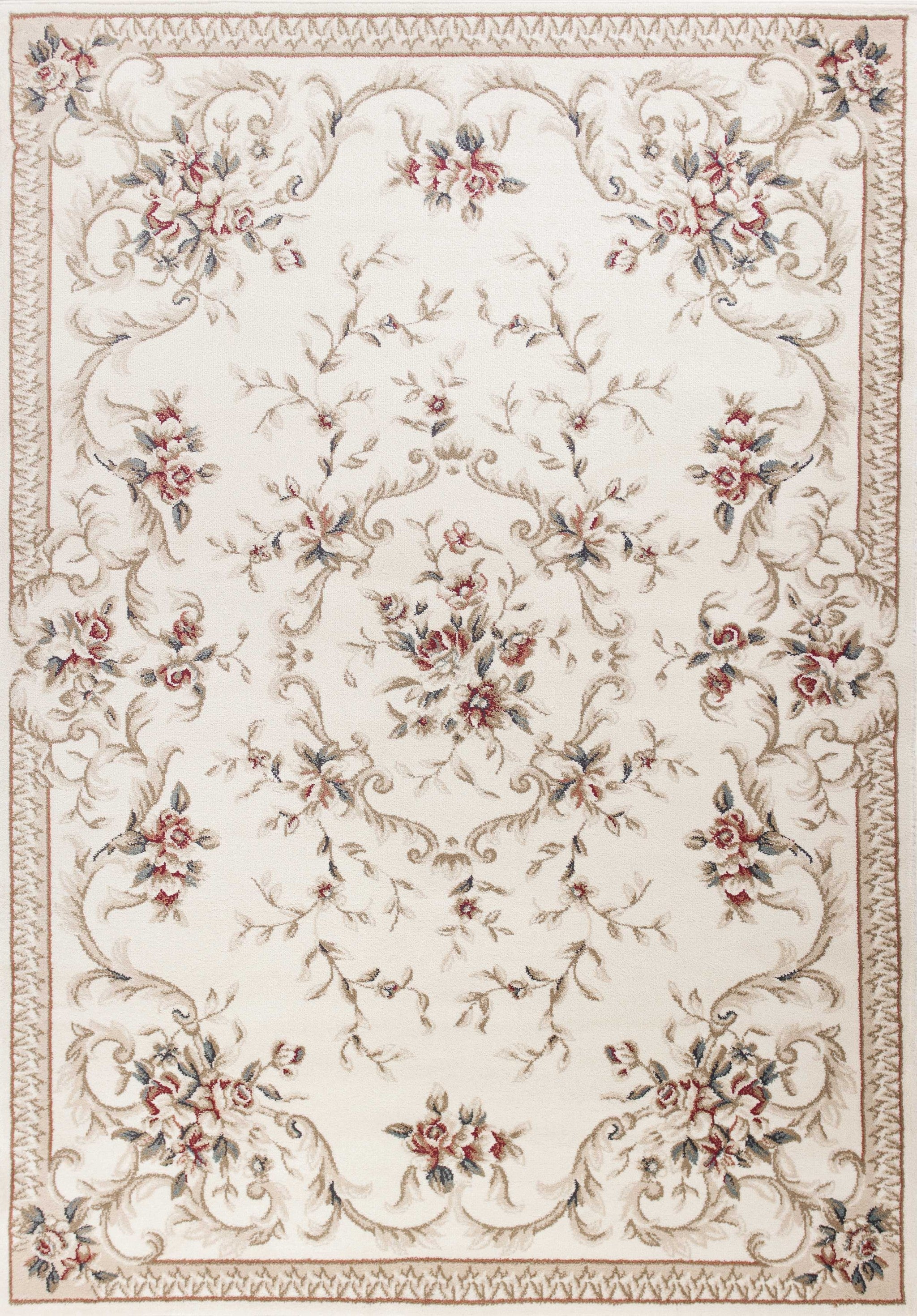 8' X 10' Ivory Red And Green Floral Medallion Area Rug-Area Rugs-DECOROLALA