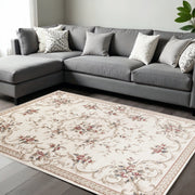 8' X 10' Ivory Red And Green Floral Medallion Area Rug-Area Rugs-DECOROLALA