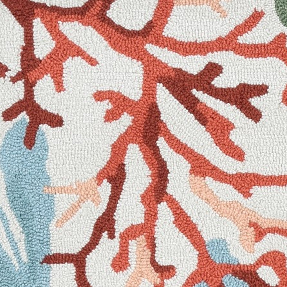 8' X 10' Ivory Red And Pink Fish and Coral Hand Hooked Area Rug-Area Rugs-DECOROLALA