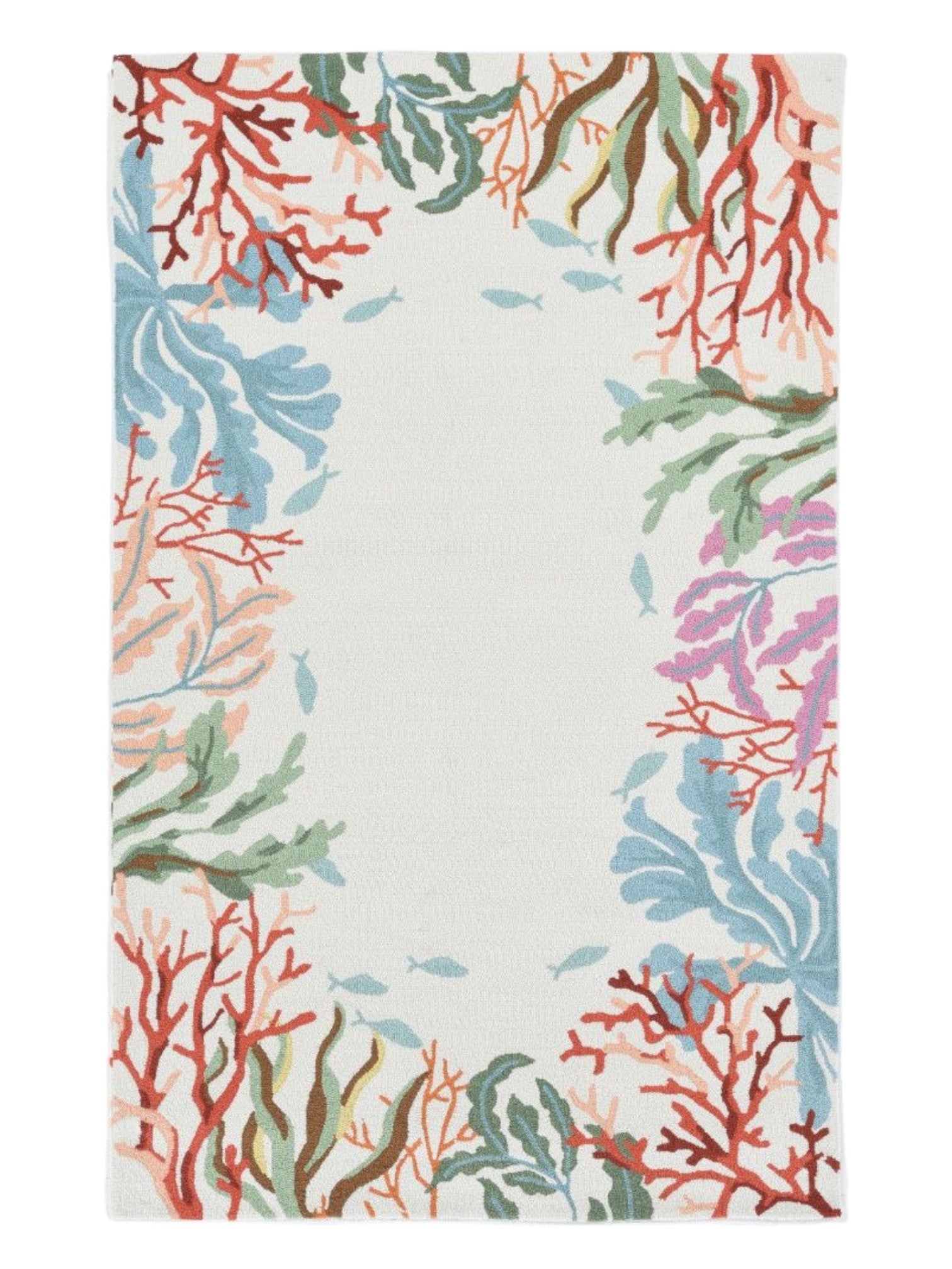 8' X 10' Ivory Red And Pink Fish and Coral Hand Hooked Area Rug-Area Rugs-DECOROLALA