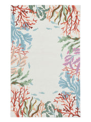 8' X 10' Ivory Red And Pink Fish and Coral Hand Hooked Area Rug-Area Rugs-DECOROLALA