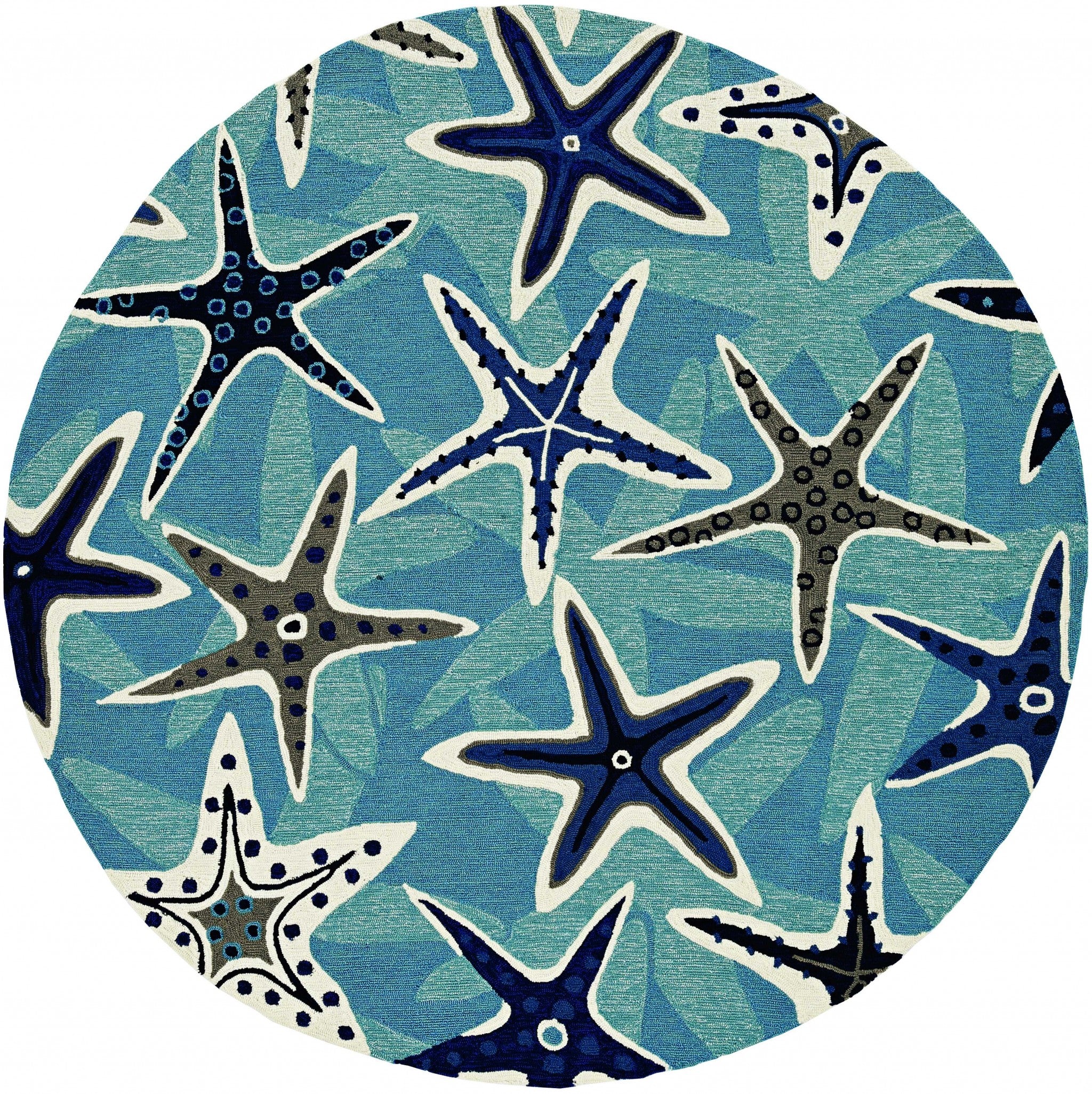 8' X 10' Navy Blue And Aqua Starfish Hand Tufted Area Rug-Area Rugs-DECOROLALA