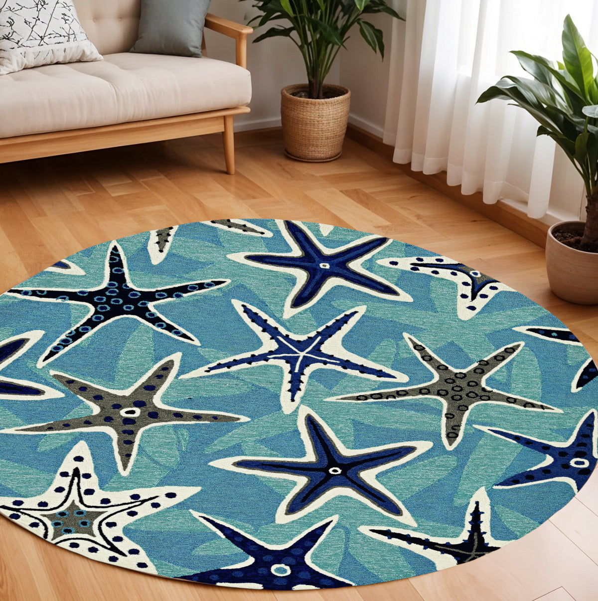 8' X 10' Navy Blue And Aqua Starfish Hand Tufted Area Rug-Area Rugs-DECOROLALA