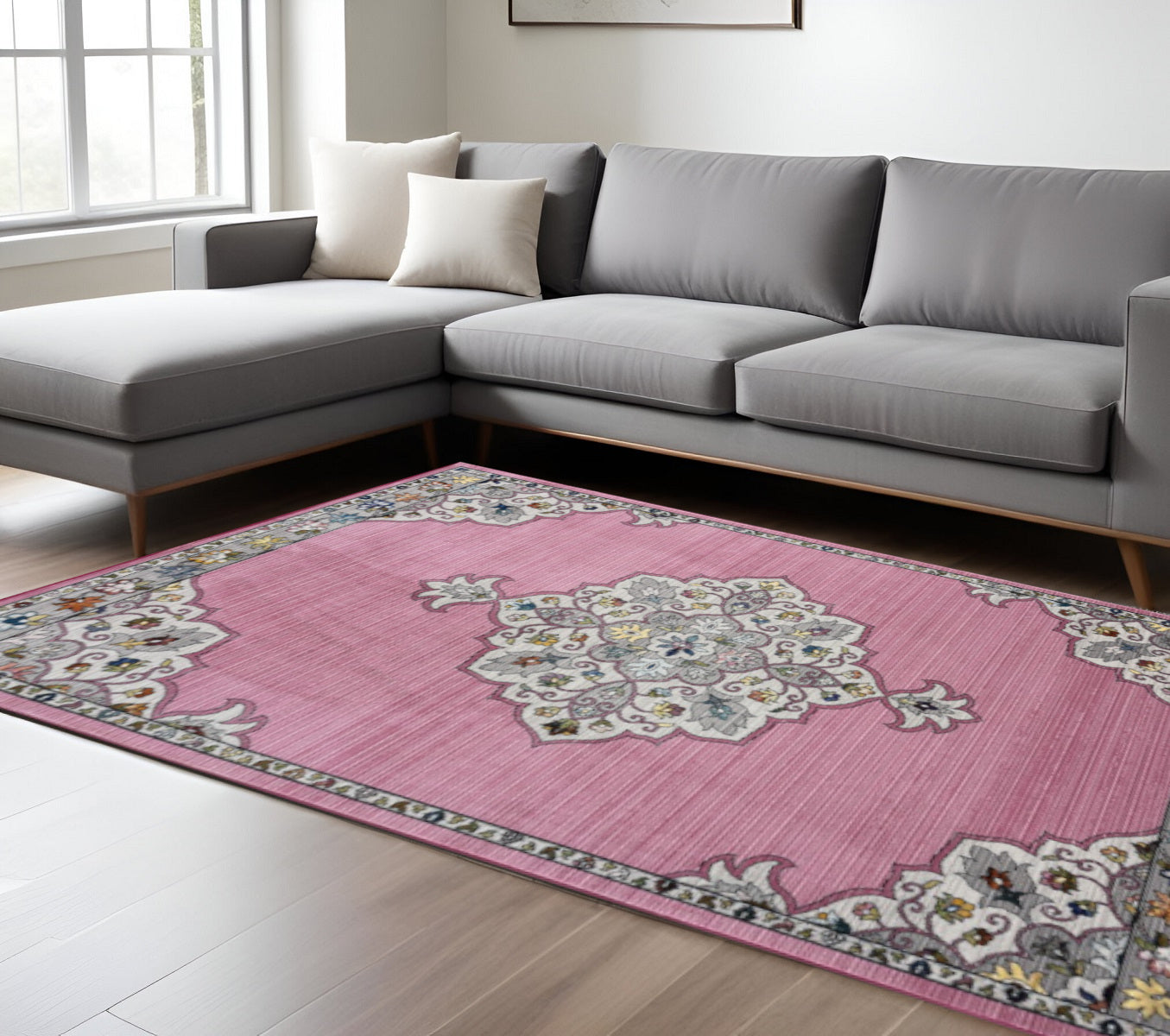 8' X 10' Pink Traditional Medallion Area Rug-Area Rugs-DECOROLALA