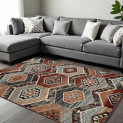 8' X 10' Red Gray And Orange Geometric Area Rug-Area Rugs-DECOROLALA