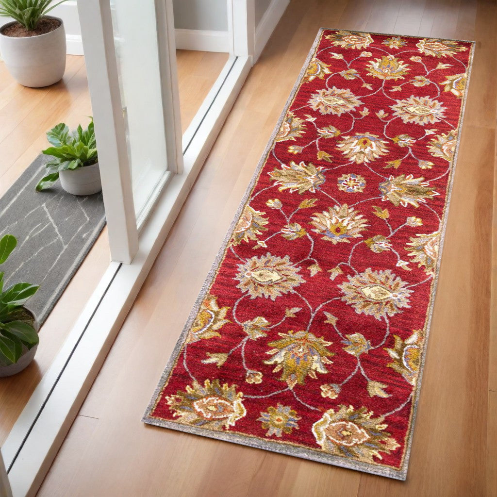 8' X 10' Red Ivory And Brown Wool Floral Hand Tufted Area Rug-Area Rugs-DECOROLALA