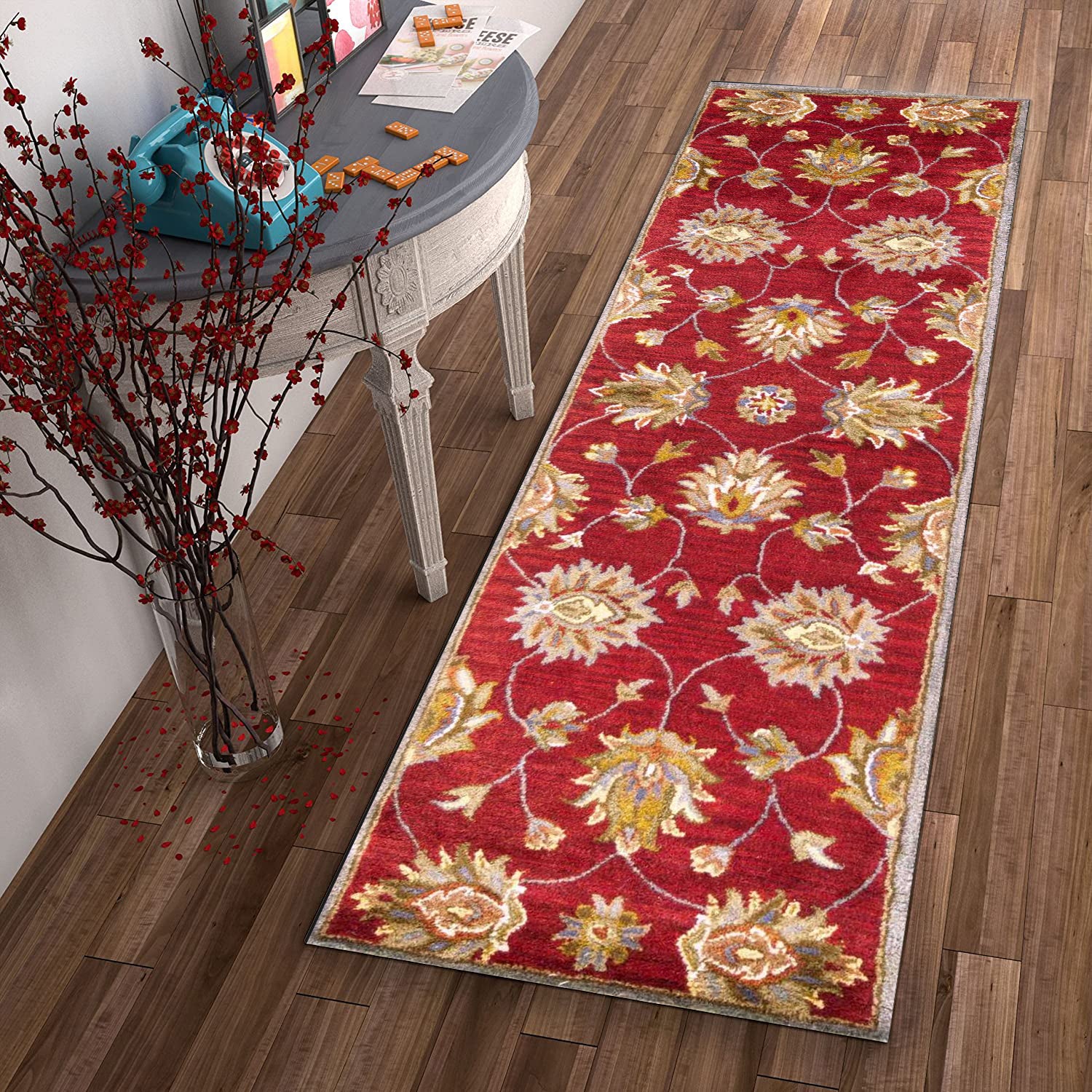 8' X 10' Red Ivory And Brown Wool Floral Hand Tufted Area Rug-Area Rugs-DECOROLALA