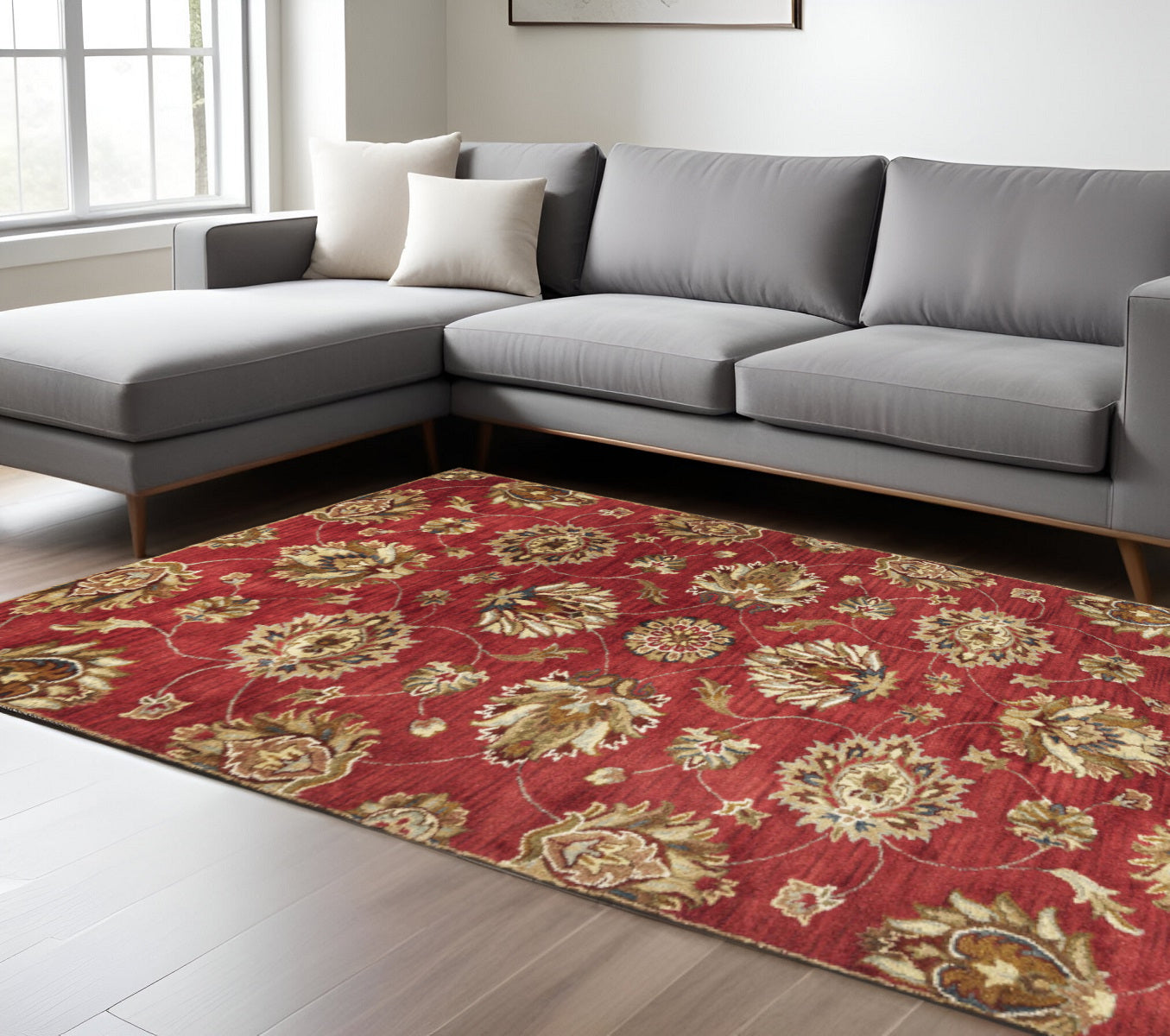 8' X 10' Red Ivory And Brown Wool Floral Hand Tufted Area Rug-Area Rugs-DECOROLALA