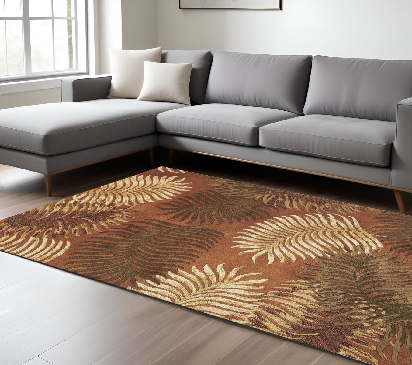 8' X 10' Rust Orange And Green Wool Botanical Leaves Hand Tufted Area Rug-Area Rugs-DECOROLALA