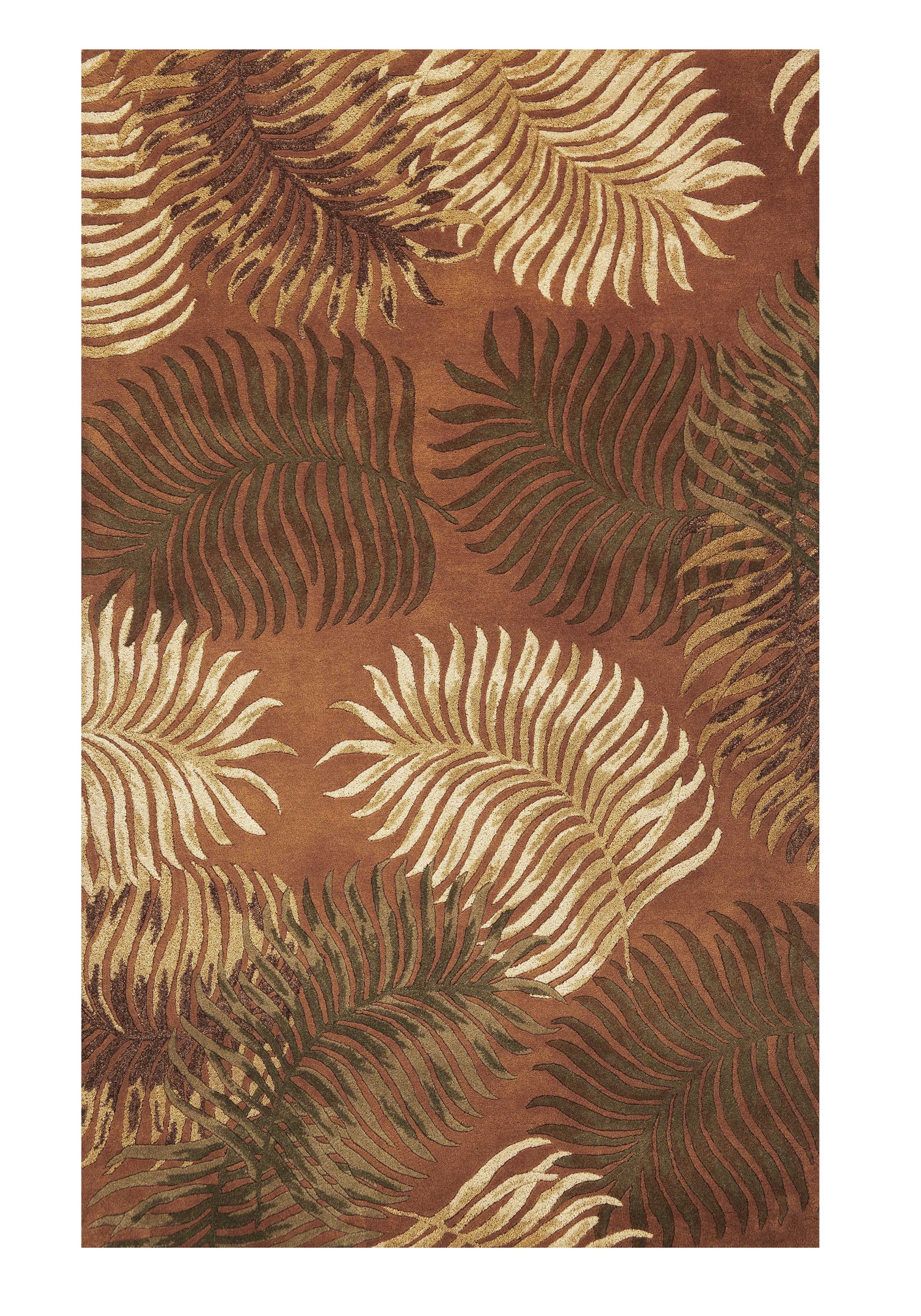 8' X 10' Rust Orange And Green Wool Botanical Leaves Hand Tufted Area Rug-Area Rugs-DECOROLALA