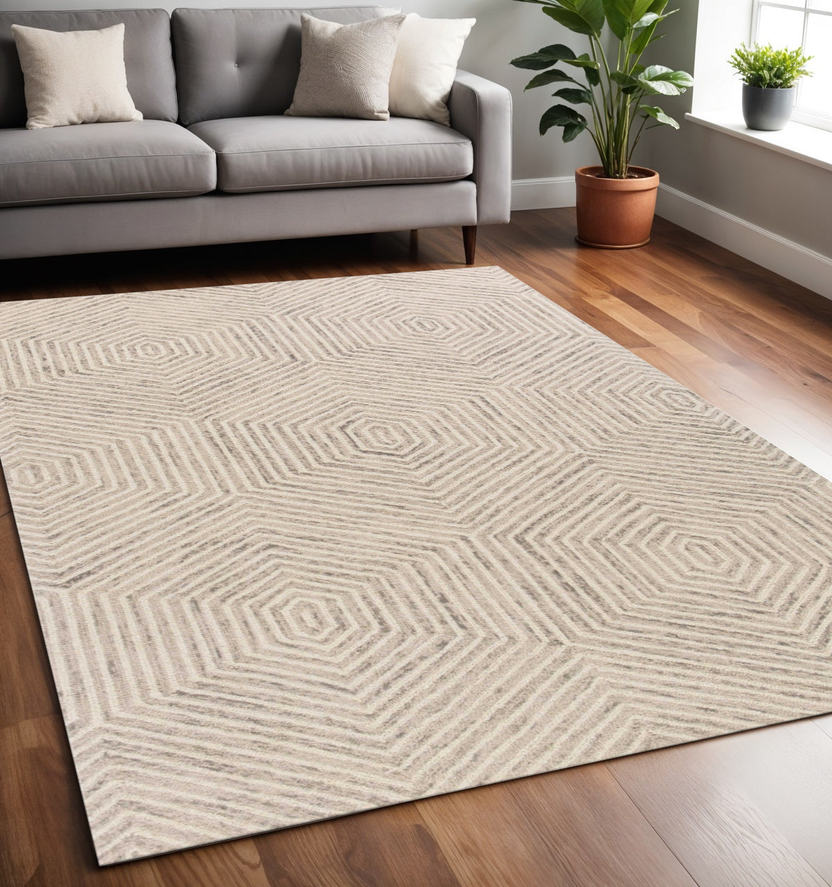 8' X 10' Sand And Beige Wool Geometric Hand Tufted Area Rug-Area Rugs-DECOROLALA