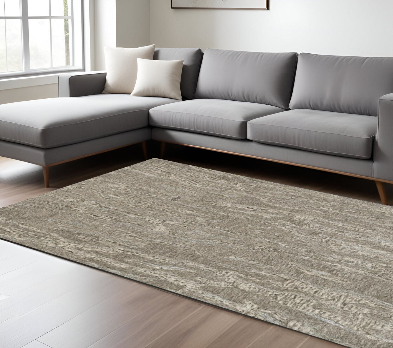 8' X 10' Sand And Gray Abstract Hand Tufted Area Rug-Area Rugs-DECOROLALA