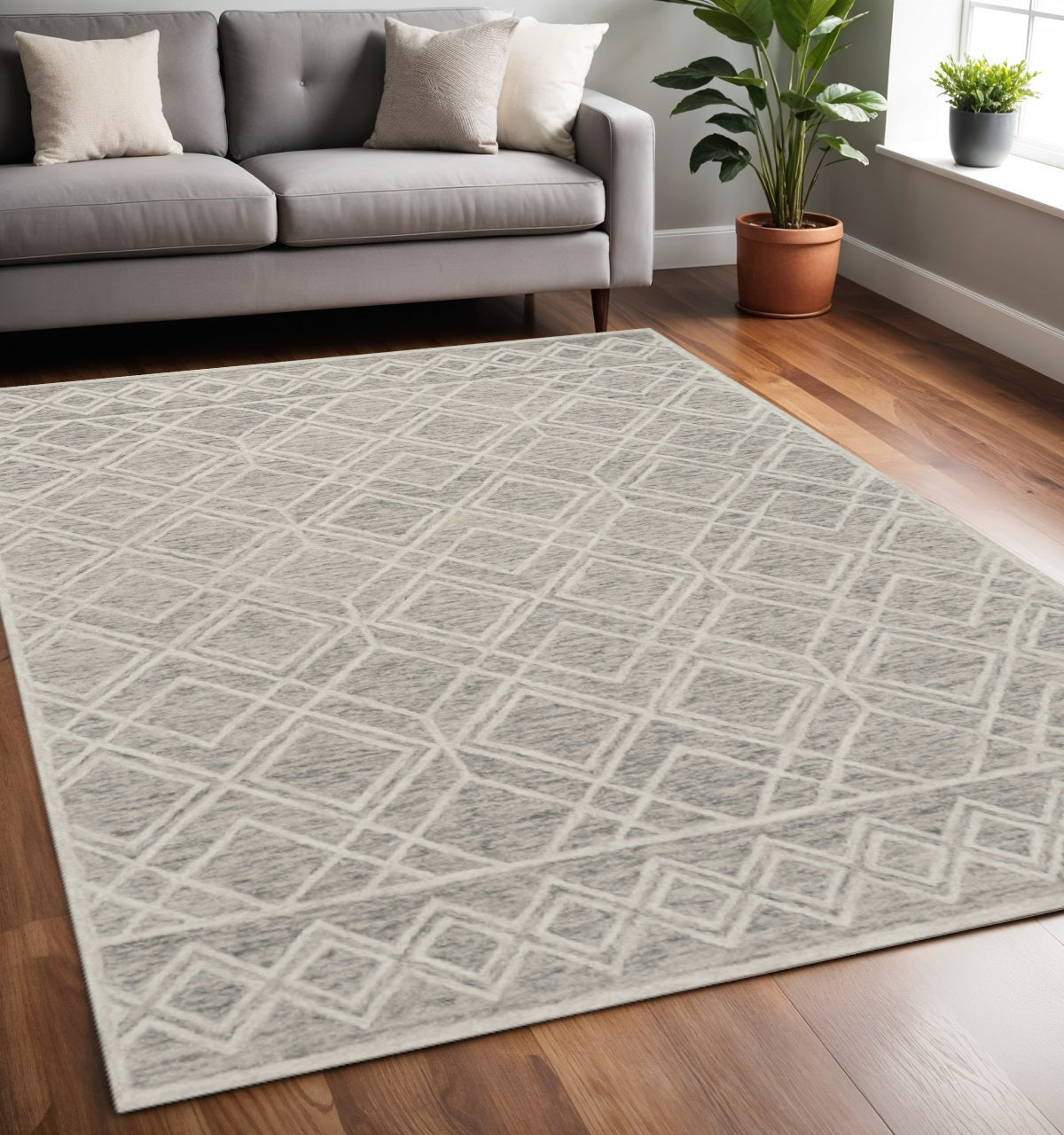 8' X 10' Sand Beige And Ivory Wool Geometric Hand Tufted Area Rug-Area Rugs-DECOROLALA