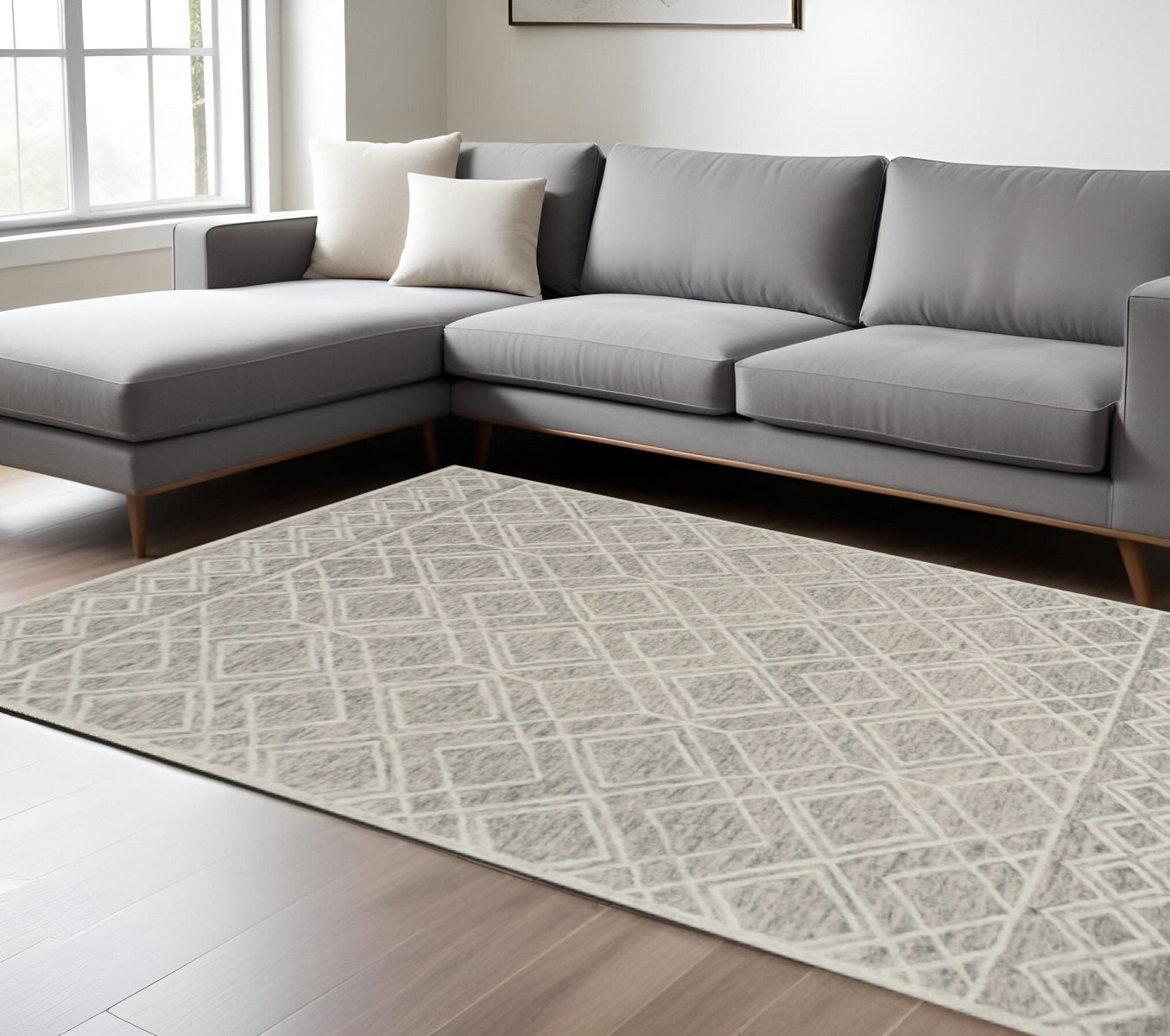 8' X 10' Sand Beige And Ivory Wool Geometric Hand Tufted Area Rug-Area Rugs-DECOROLALA