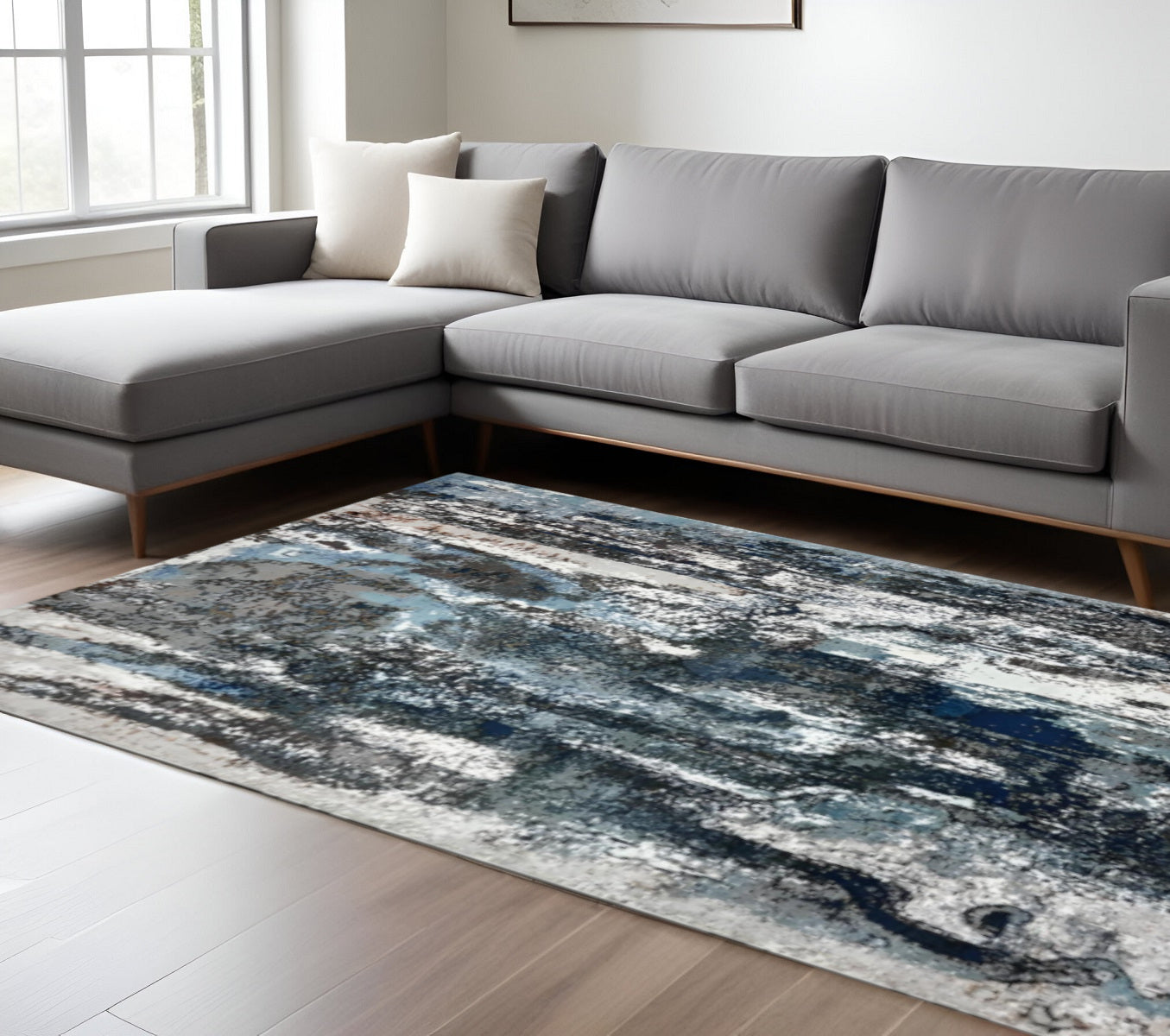 8' X 10' Shades of Blue and Gray Abstract Marble Area Rug-Area Rugs-DECOROLALA