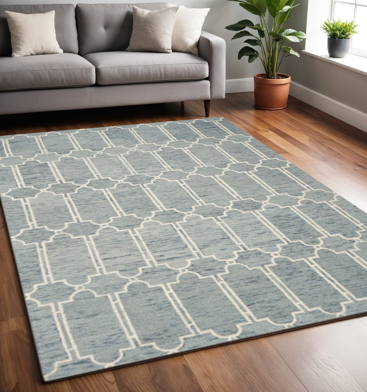 8' X 10' Slate Blue And Ivory Wool Geometric Hand Tufted Area Rug-Area Rugs-DECOROLALA