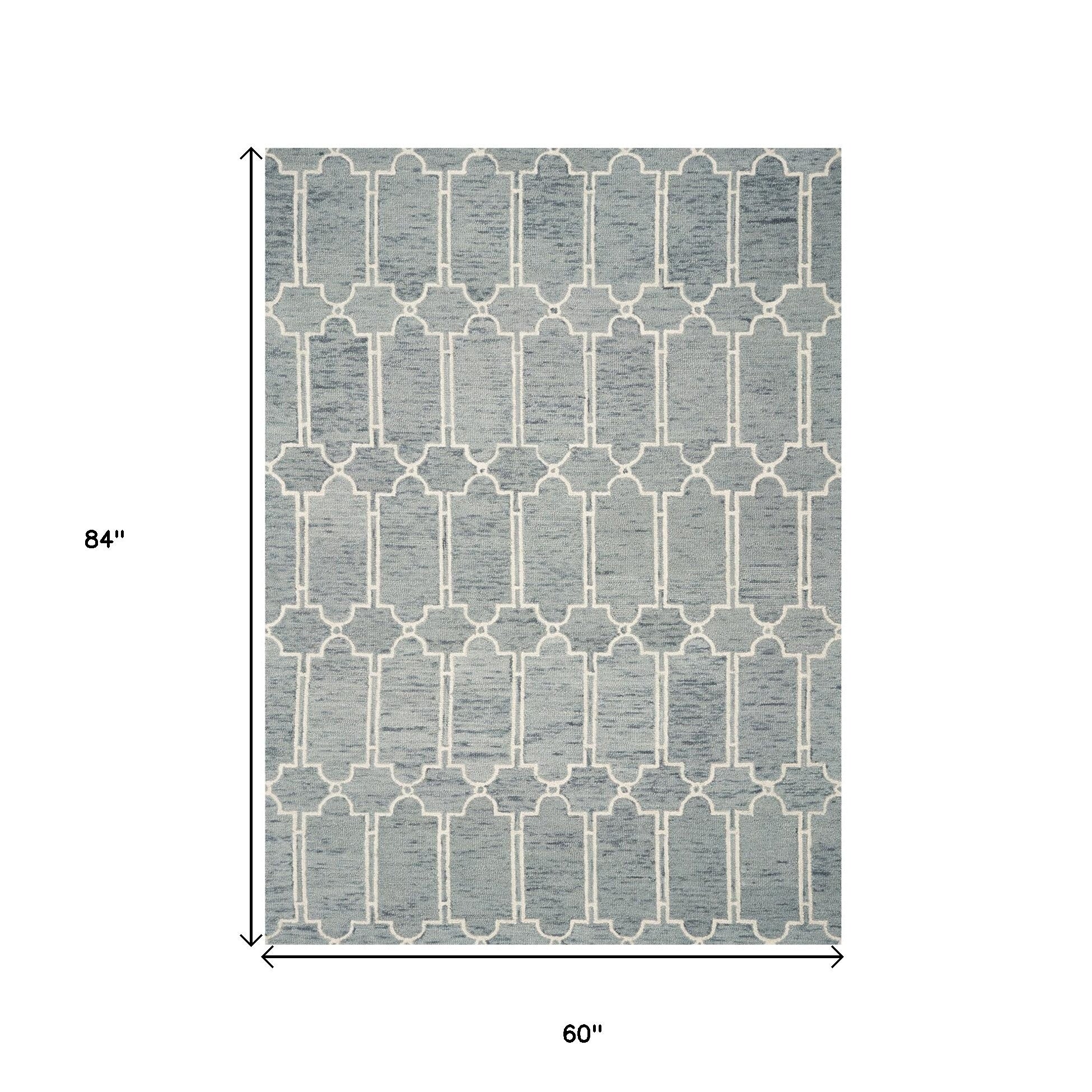 8' X 10' Slate Blue And Ivory Wool Geometric Hand Tufted Area Rug-Area Rugs-DECOROLALA