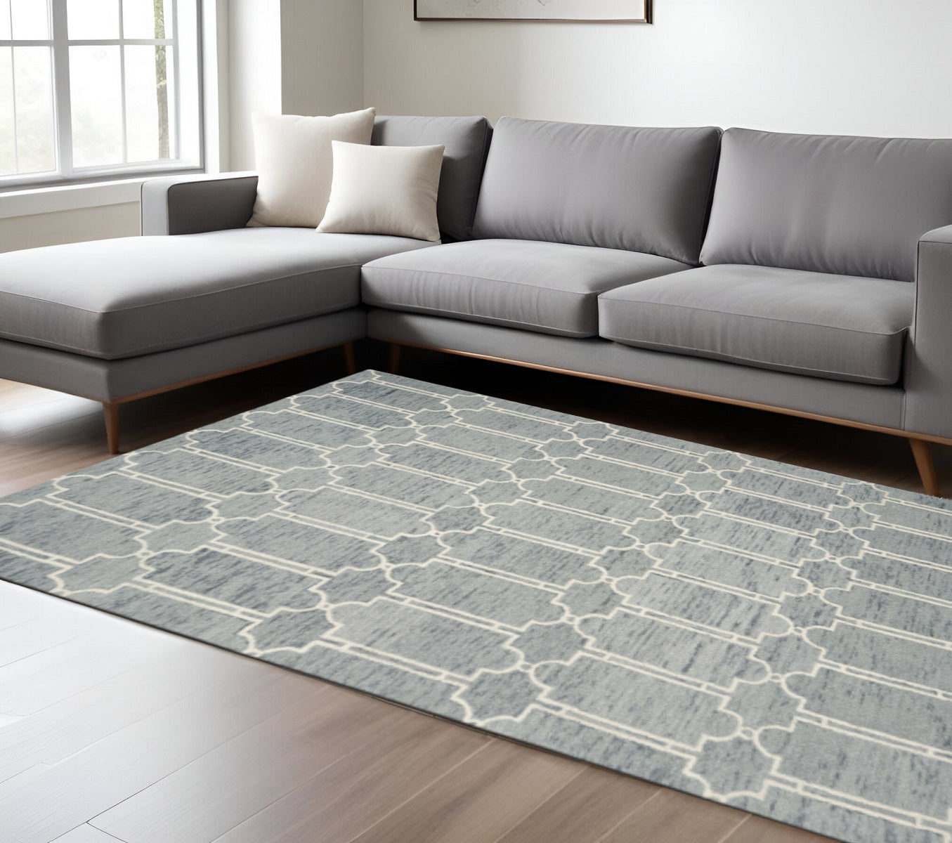 8' X 10' Slate Blue And Ivory Wool Geometric Hand Tufted Area Rug-Area Rugs-DECOROLALA