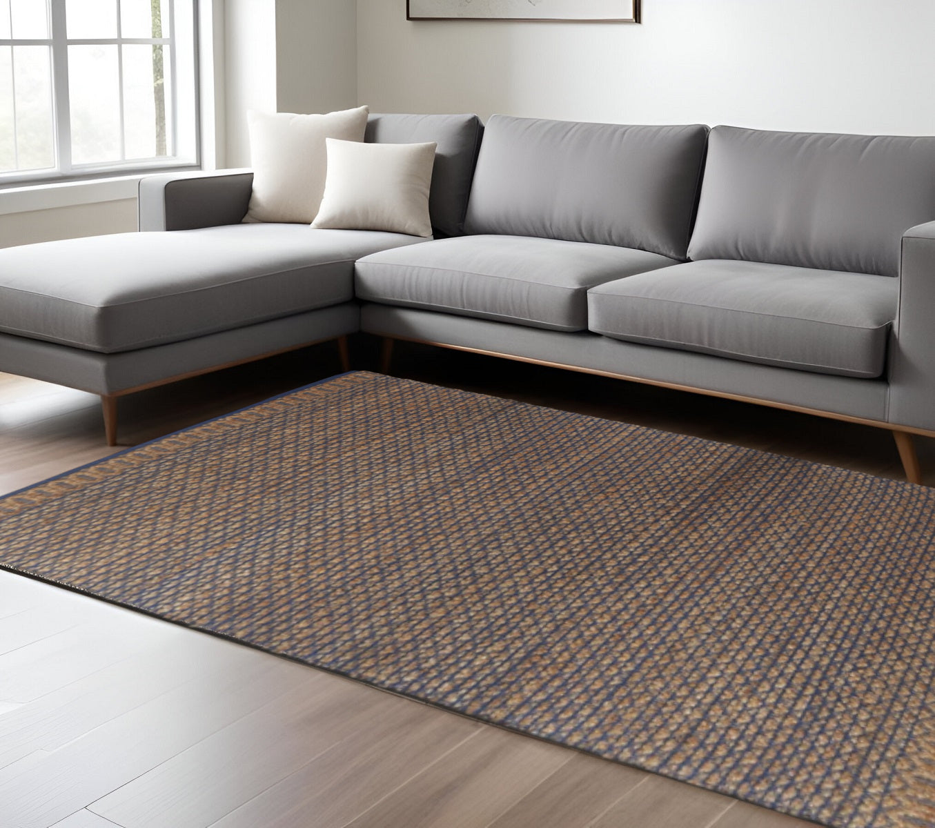 8' X 10' Tan and Blue Detailed Lattice Area Rug-Area Rugs-DECOROLALA