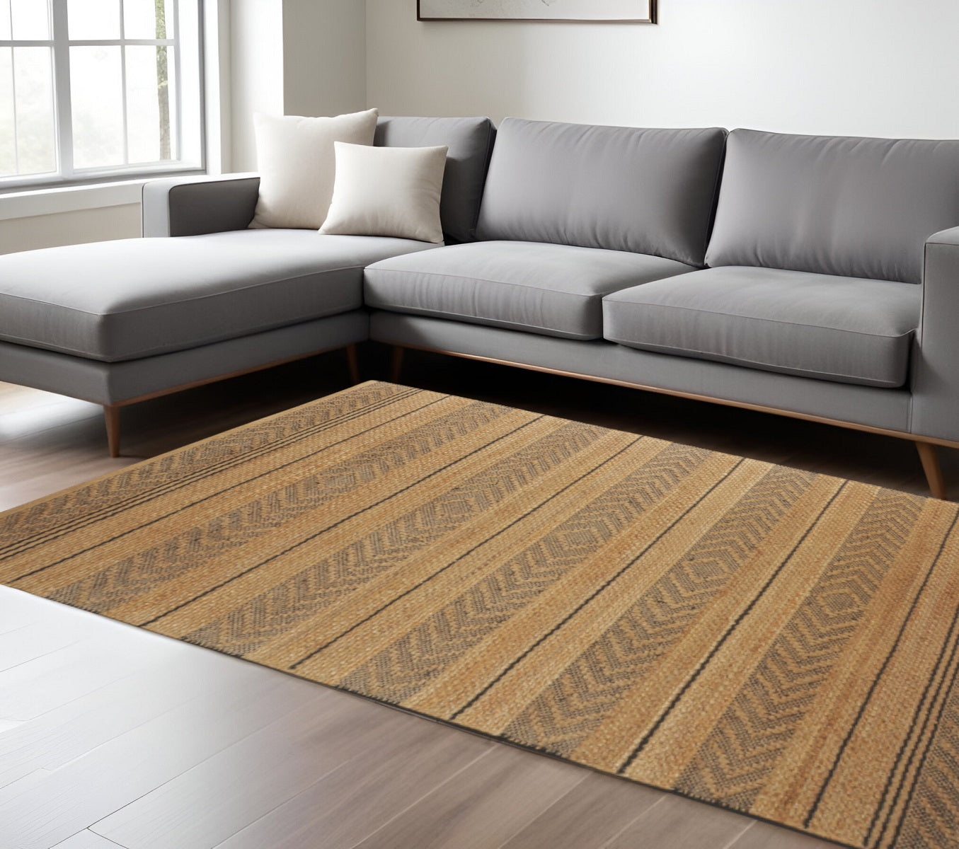 8' X 10' Tan and Gray Bohemian Striped Area Rug-Area Rugs-DECOROLALA