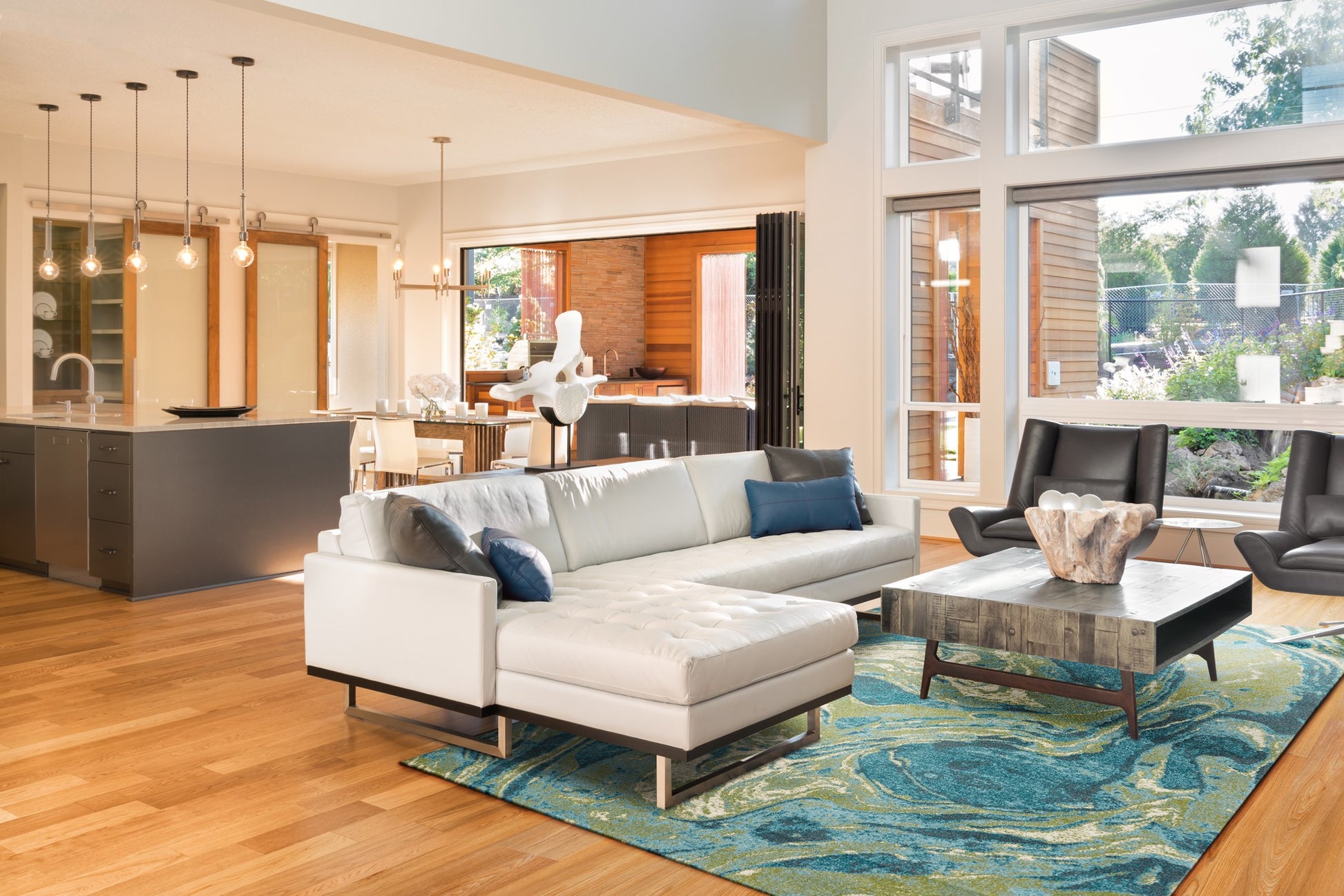 8' X 10' Teal And Beige Abstract Shag Area Rug-Area Rugs-DECOROLALA