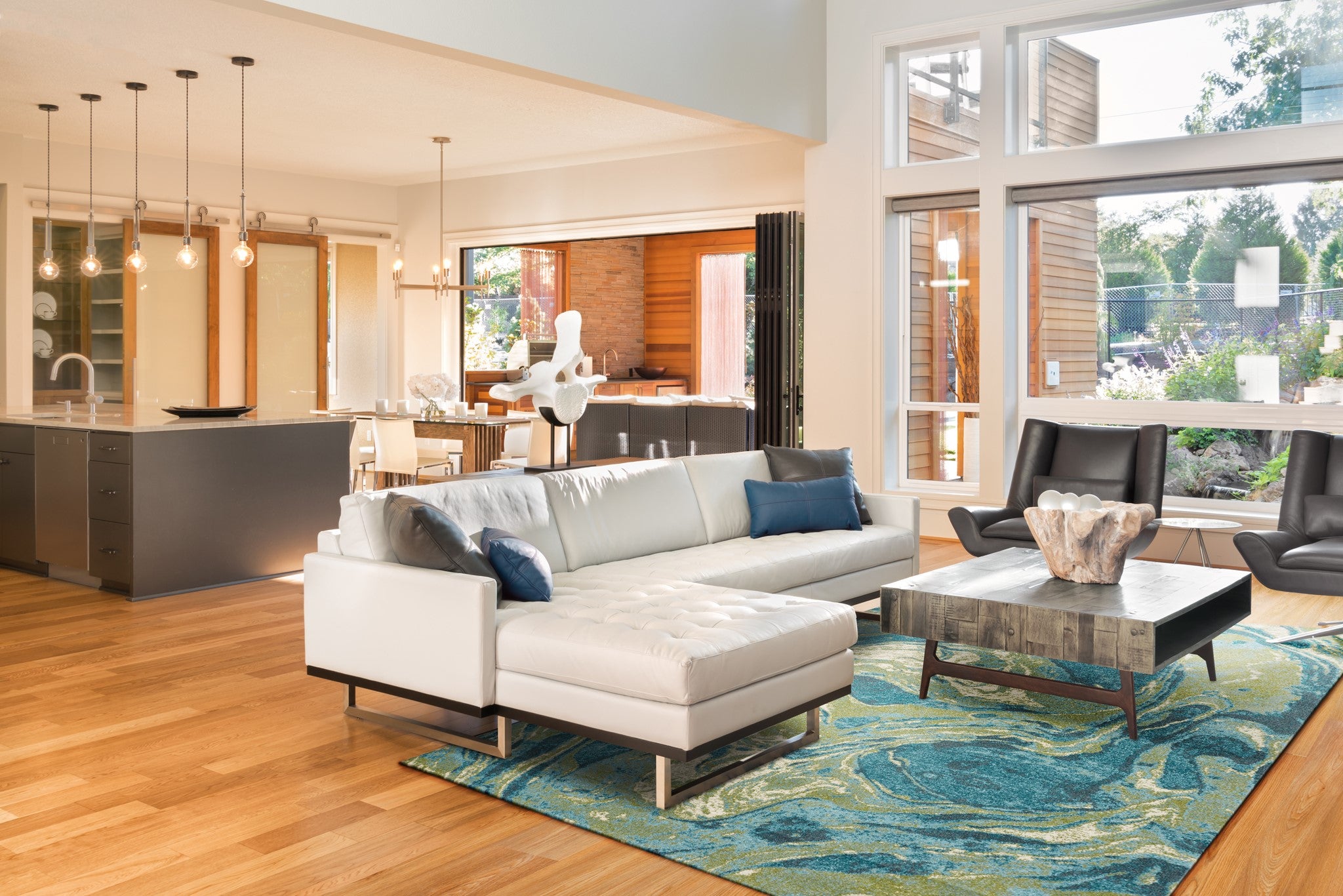 8' X 10' Teal And Beige Abstract Shag Area Rug-Area Rugs-DECOROLALA