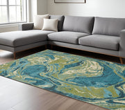 8' X 10' Teal And Beige Abstract Shag Area Rug-Area Rugs-DECOROLALA