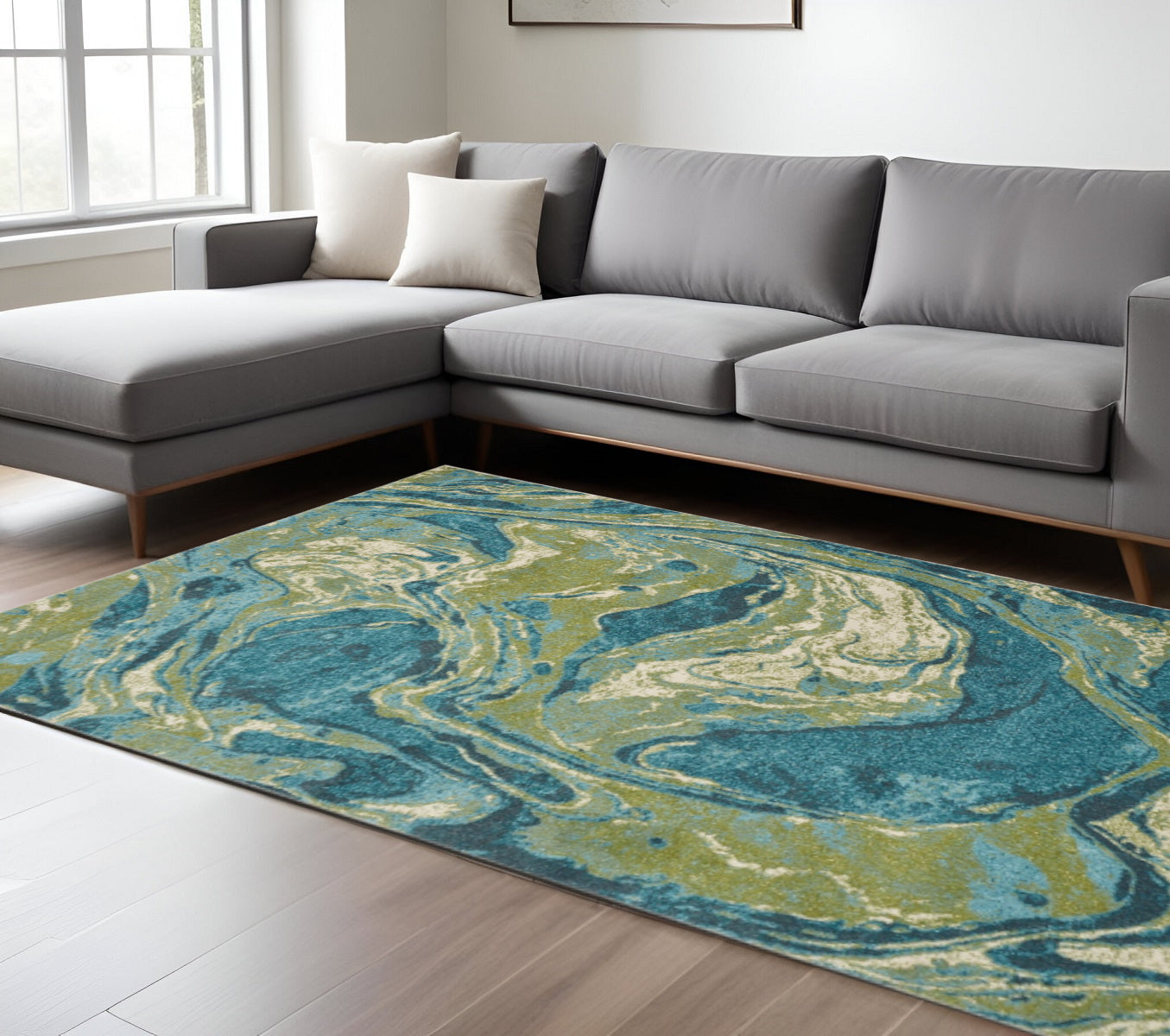 8' X 10' Teal And Beige Abstract Shag Area Rug-Area Rugs-DECOROLALA