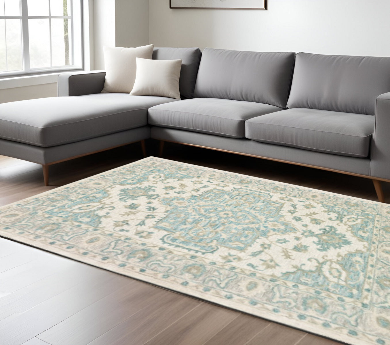 8' X 10' Turquoise and Cream Medallion Area Rug-Area Rugs-DECOROLALA