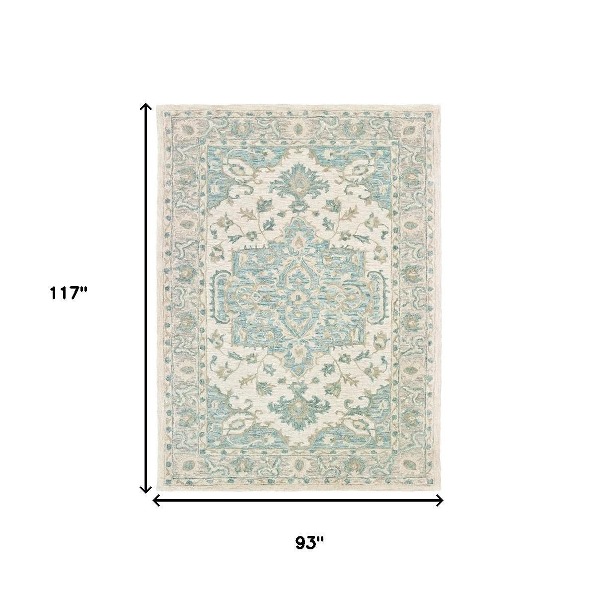 8' X 10' Turquoise and Cream Medallion Area Rug-Area Rugs-DECOROLALA