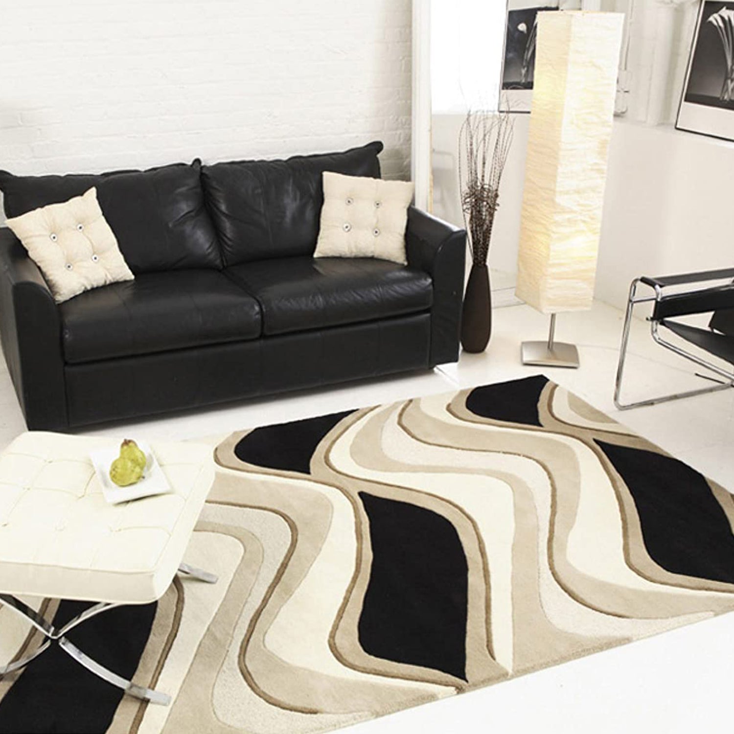 8' X 11' Beige And Black Wool Abstract Hand Tufted Area Rug-Area Rugs-DECOROLALA