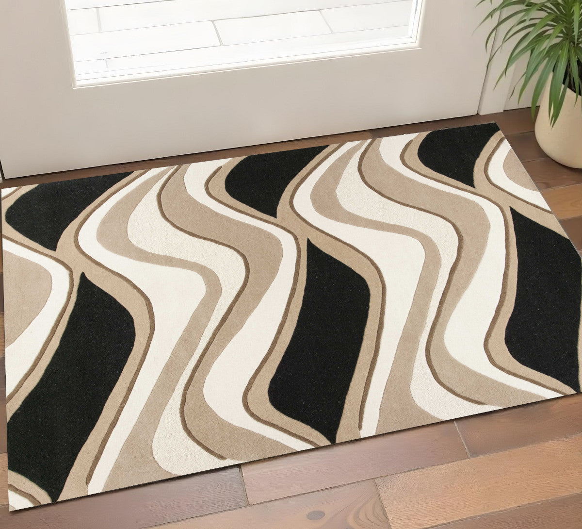 8' X 11' Beige And Black Wool Abstract Hand Tufted Area Rug-Area Rugs-DECOROLALA