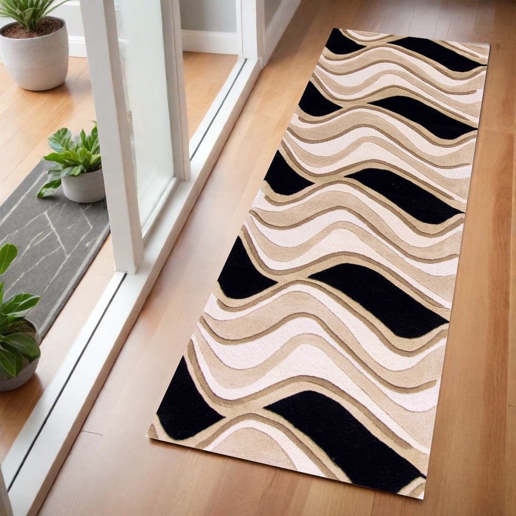 8' X 11' Beige And Black Wool Abstract Hand Tufted Area Rug-Area Rugs-DECOROLALA