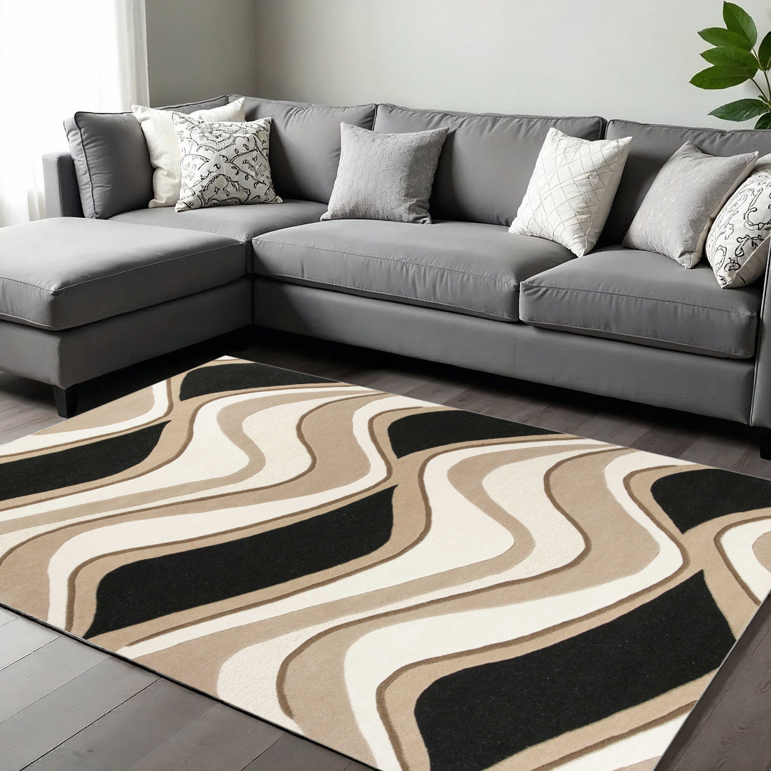 8' X 11' Beige And Black Wool Abstract Hand Tufted Area Rug-Area Rugs-DECOROLALA