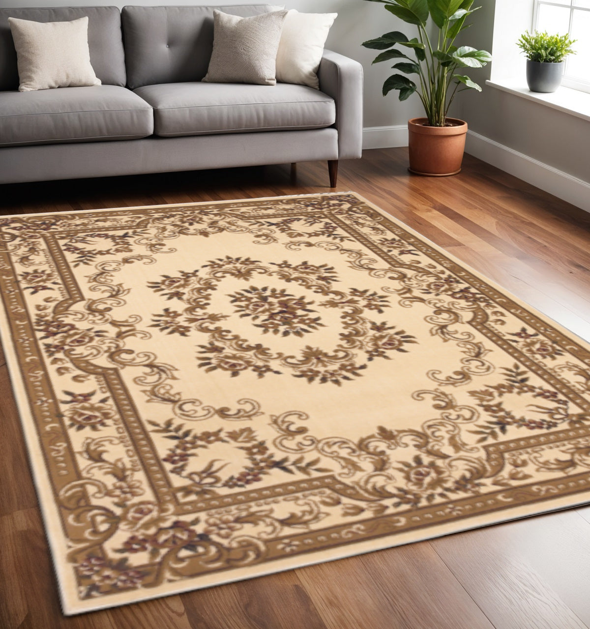 8' X 11' Beige And Brown Floral Medallion Area Rug-Area Rugs-DECOROLALA