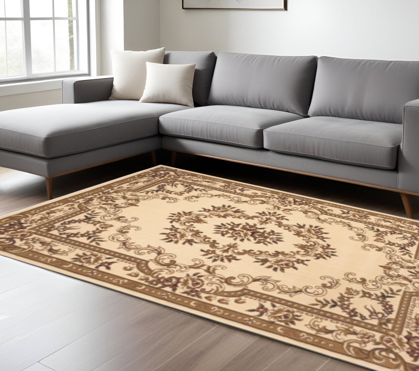 8' X 11' Beige And Brown Floral Medallion Area Rug-Area Rugs-DECOROLALA