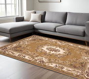 8' X 11' Beige Ivory And Brown Floral Medallion Area Rug-Area Rugs-DECOROLALA